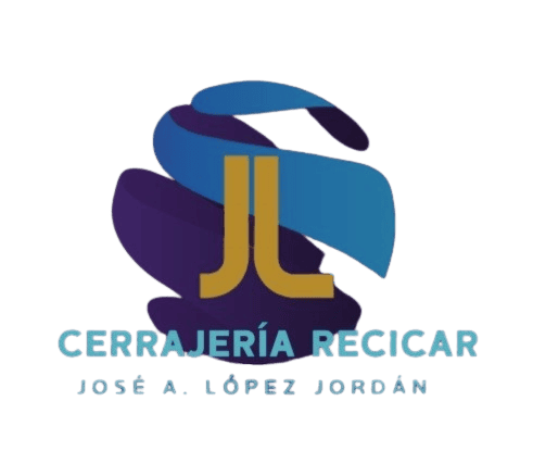 Logotipo de «Cerrajería Recicar José A. López Jordán», con las iniciales «JL» en dorado sobre formas abstractas azules y moradas.